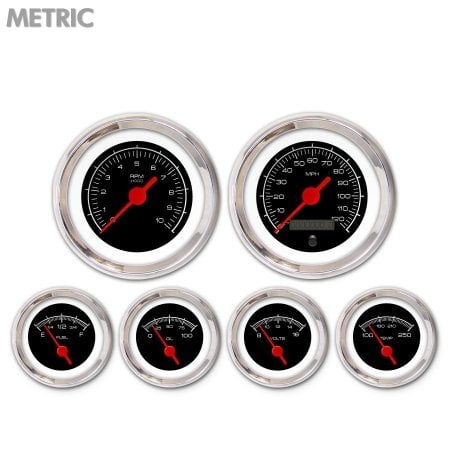Red Vintage Needles, Chrome Trim Rings, Style Kit DIY Install Aurora Instruments 6658 Competition Black Metric 6-Gauge Set Red Vintage Needles, Chrome Trim Rings, Style Kit DIY Install Aurora Instruments 6658 Competition Black Metric 6-Gauge Set